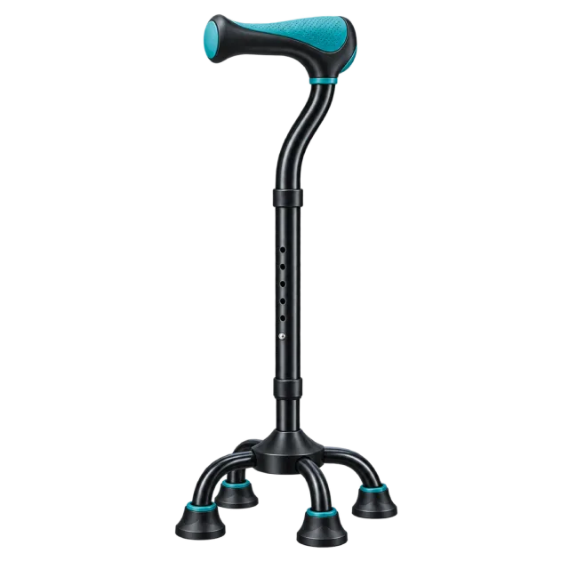 A black walking cane has a four-footed base and teal handle