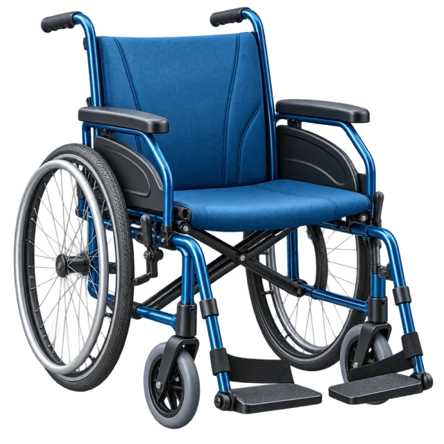 A blue wheelchair has large rear wheels and footrests