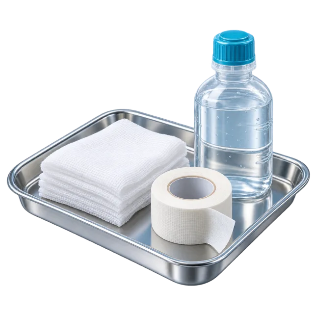 A metal tray holds gauze, tape and a clear bottle