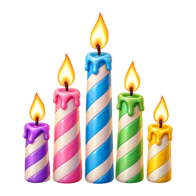 Five lit birthday candles in purple, pink, blue, green and yellow with spiral stripes on a transparent background
