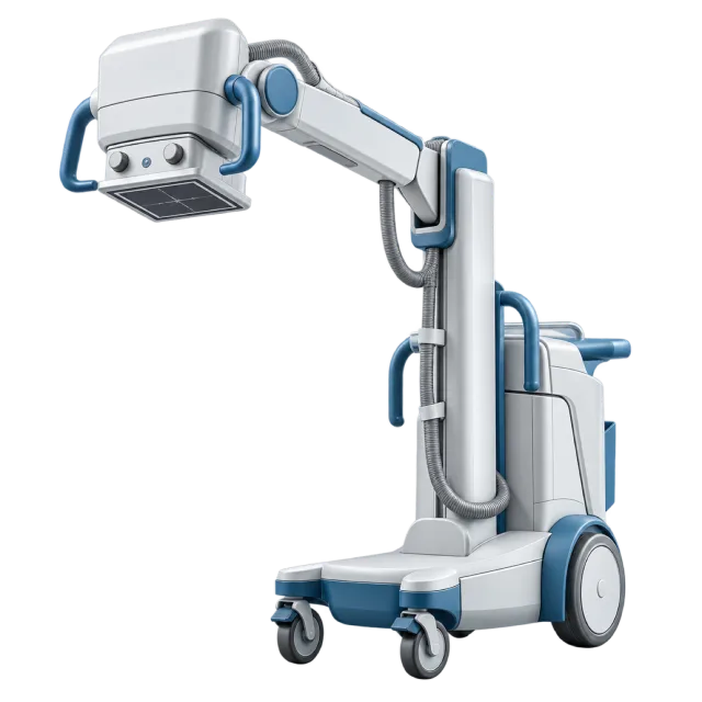 A mobile imaging machine has a wheeled base and adjustable head