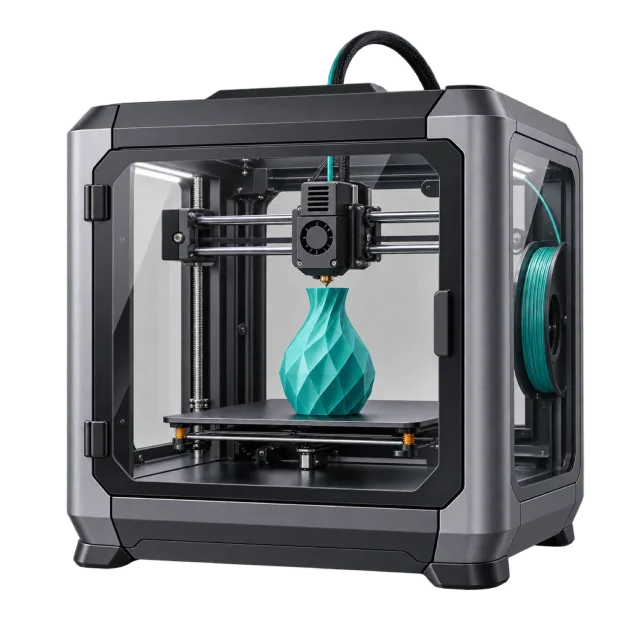 An enclosed black 3D printer contains a turquoise printed shape