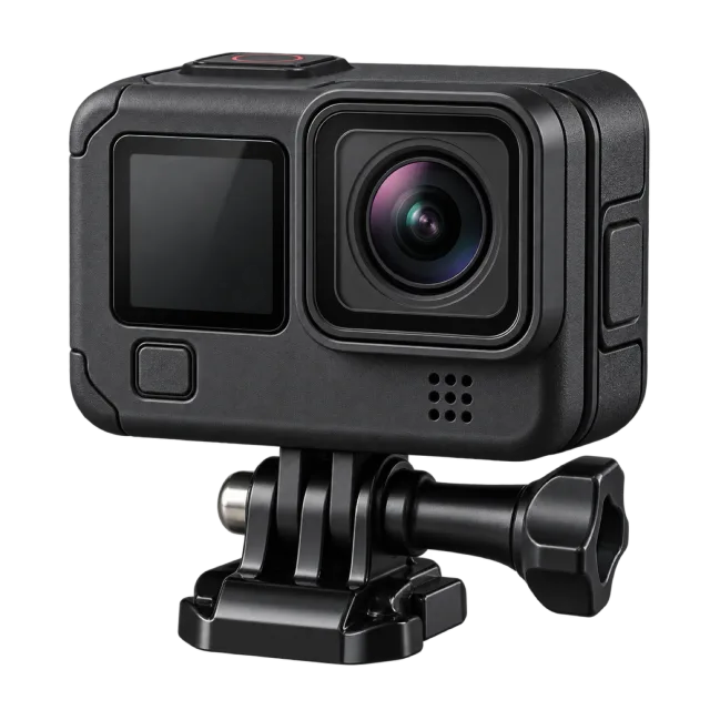 A compact black action camera has a mount beneath it