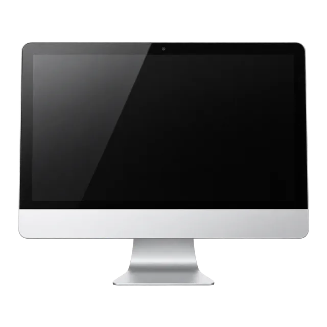 A slim desktop display has a silver stand and dark screen