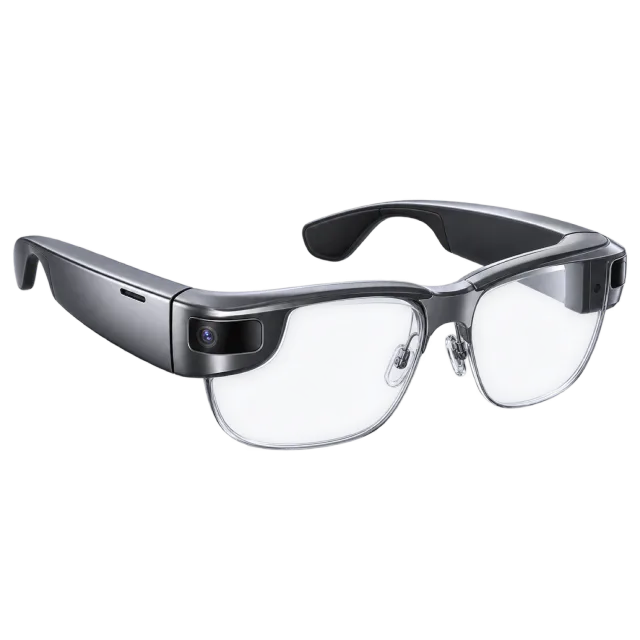 Gray smart glasses have clear lenses and thick electronic arms