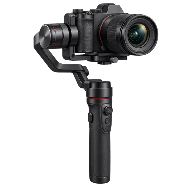 A black camera sits on a handheld stabilizing gimbal