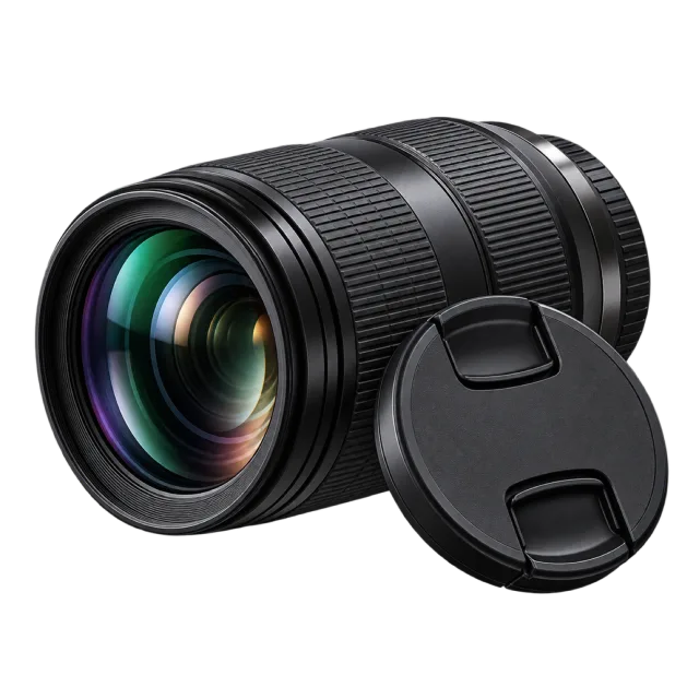 A black camera lens sits beside its round cap
