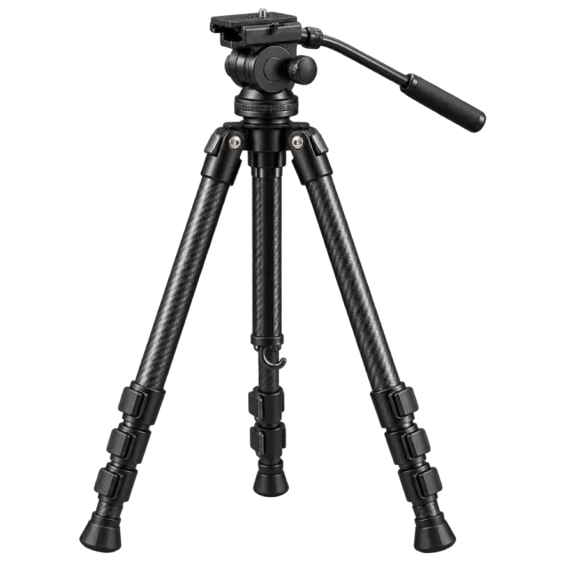 A black camera tripod has a pan handle