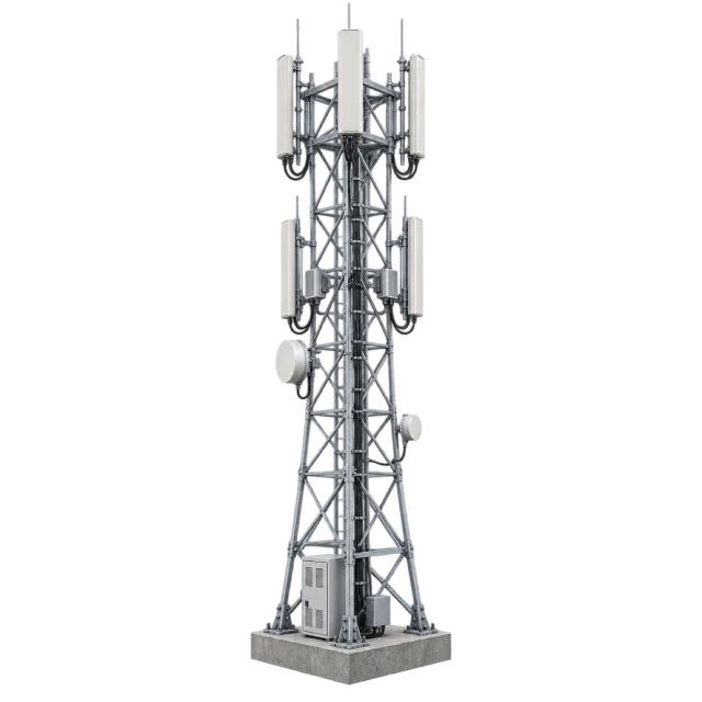 A metal communications tower has antenna panels