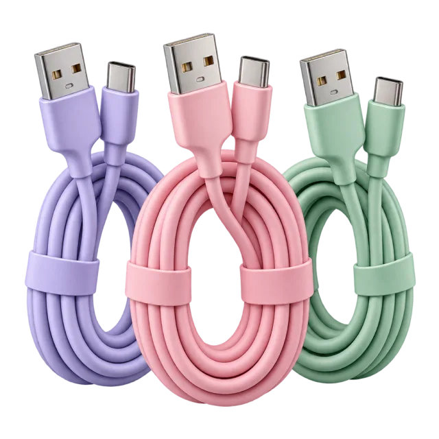 Purple, pink and green charging cables are neatly coiled