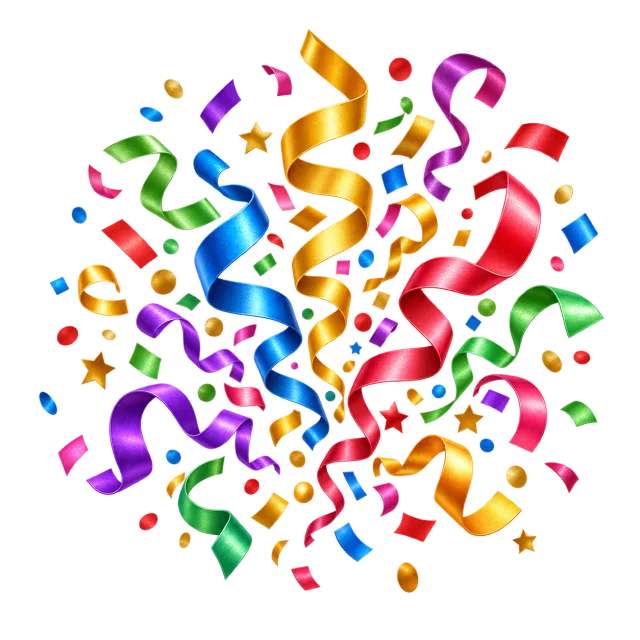 Burst of colorful curled ribbons, small stars and scattered confetti on a transparent background