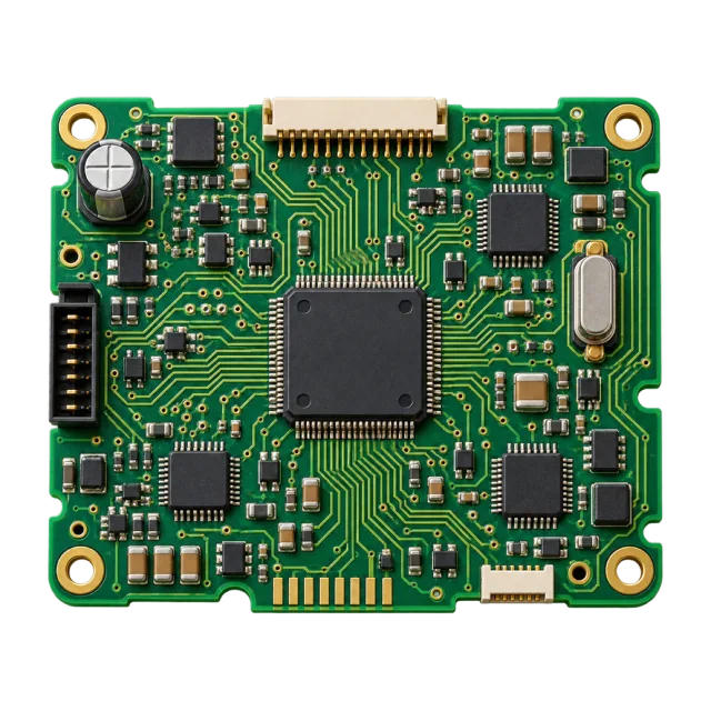 A green circuit board contains chips and metallic connectors