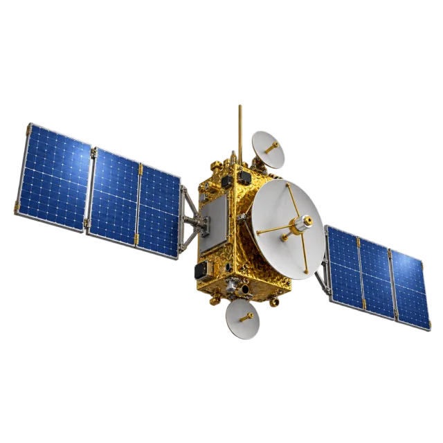A satellite has a gold-colored body and blue solar panels