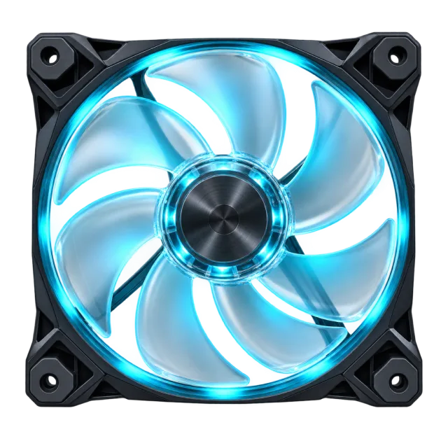 A square computer fan glows cyan