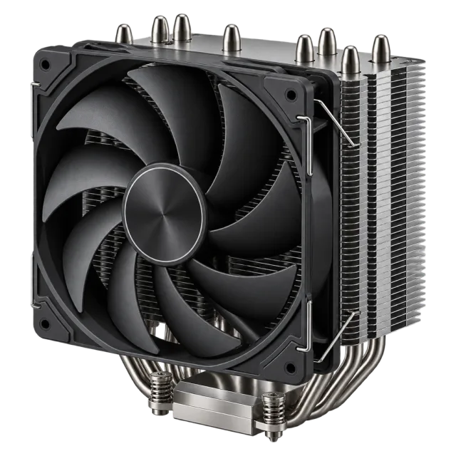A black cooling fan sits against a finned metal heat sink