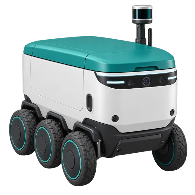 A white and teal delivery robot has six wheels