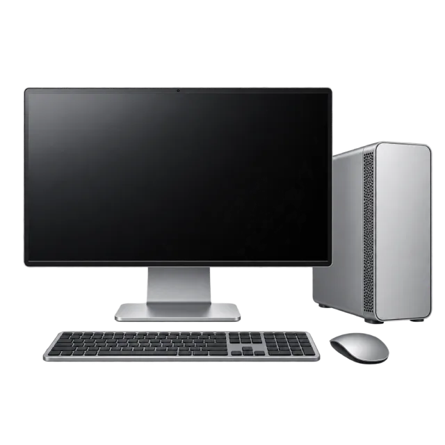 A desktop monitor sits with a keyboard, mouse and silver tower