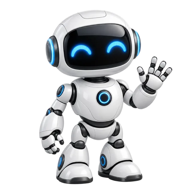 A friendly white robot waves with blue-lit facial features