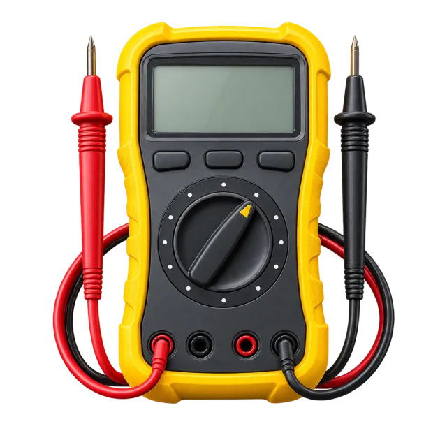 A yellow digital meter has red and black probes