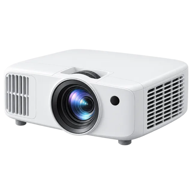 A white projector has a large front lens