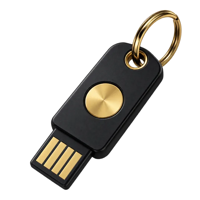 A black USB security key has a gold-colored button and key ring