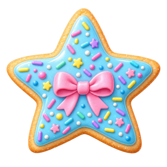 Star-shaped cookie with blue icing, colorful sprinkles and a pink bow on a transparent background