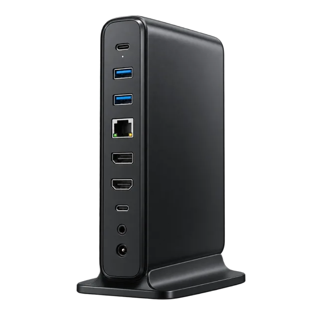 A dark upright docking station has several front ports