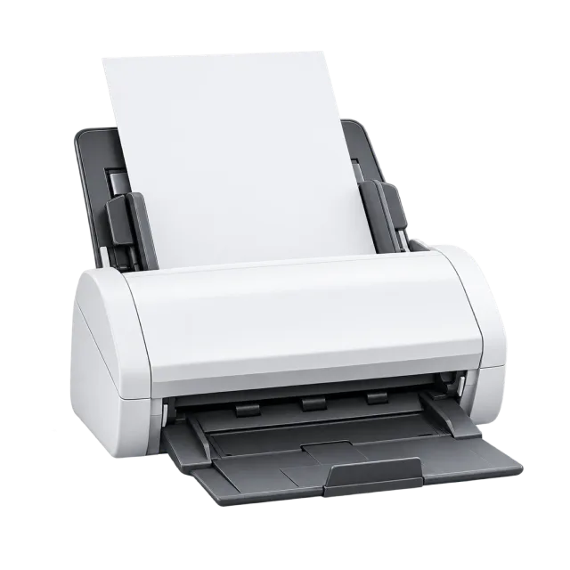 A white document scanner holds a sheet of paper