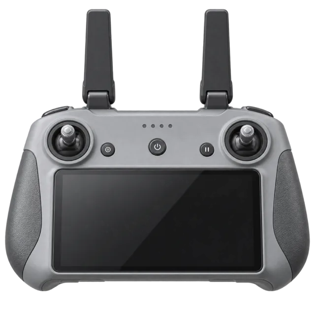 A gray drone controller has two antennas and a large display