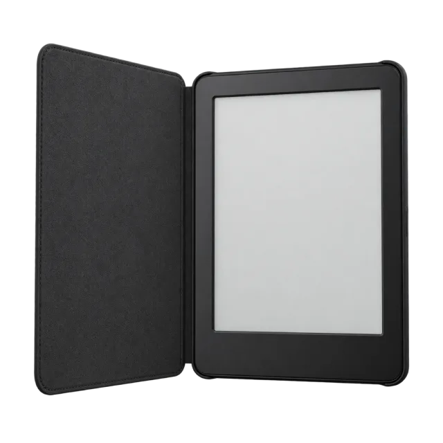 An e-reader with a pale screen sits inside an open black cover
