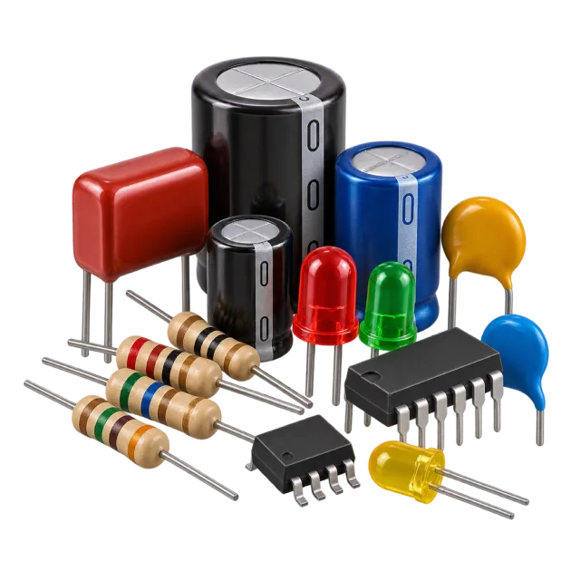 Assorted capacitors, resistors, LEDs and chips form a component cluster