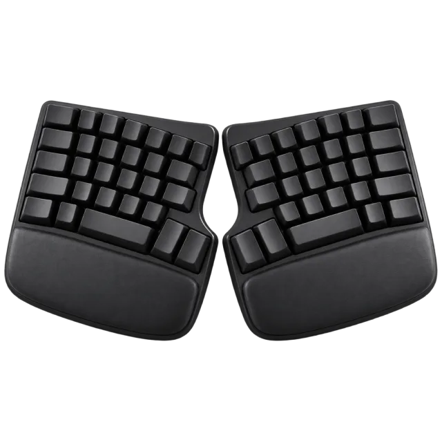 A black split keyboard has two angled halves