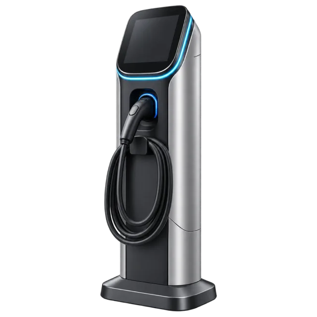 A dark charging pedestal has a looped cable