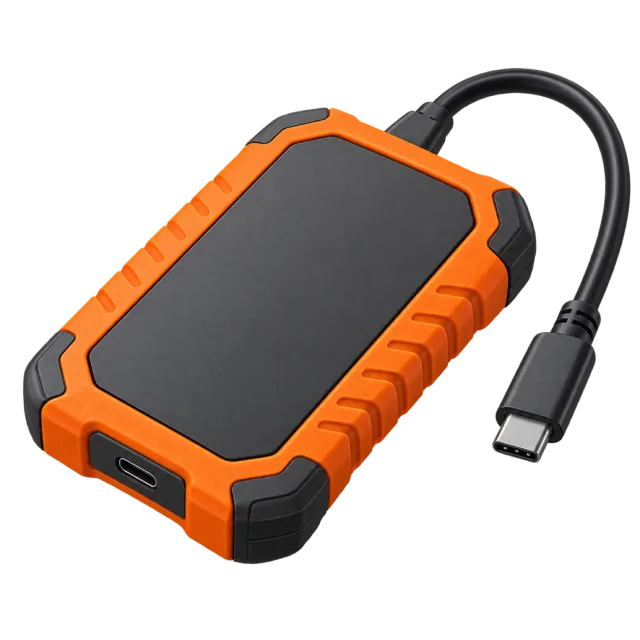 A rugged orange and black portable drive has a short cable