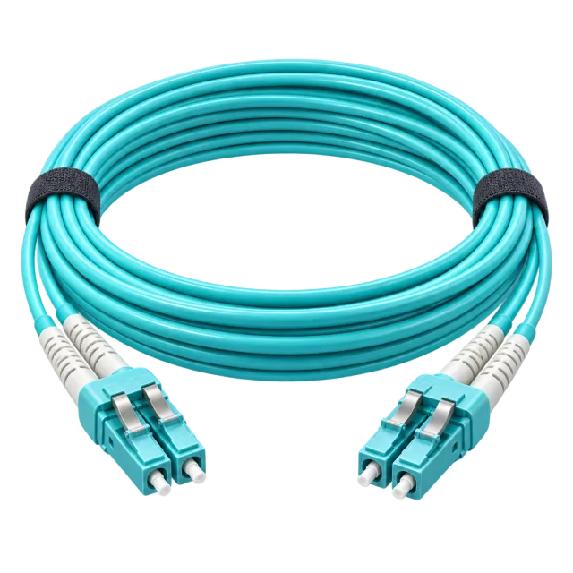 A turquoise cable coil has matching optical-style connectors