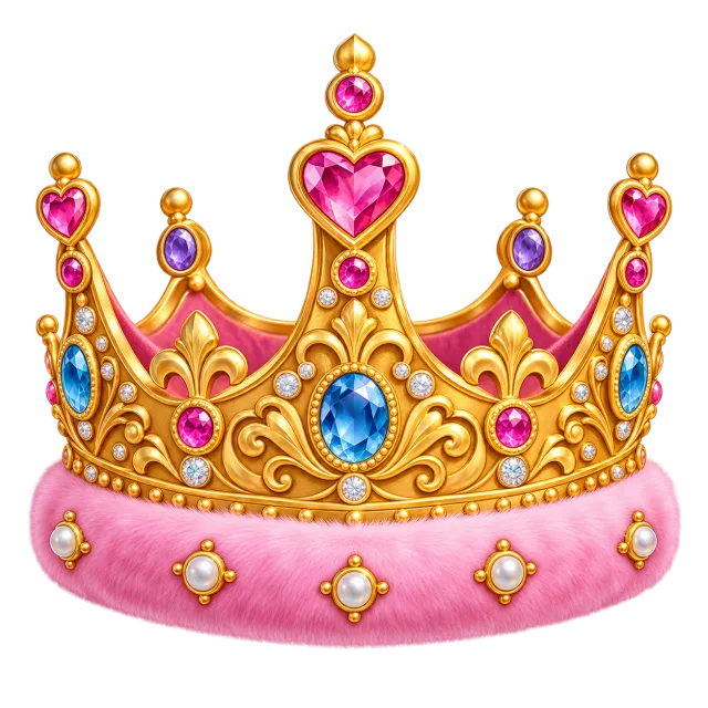 Ornate gold crown with pink heart jewels, blue gems and a pink base on a transparent background