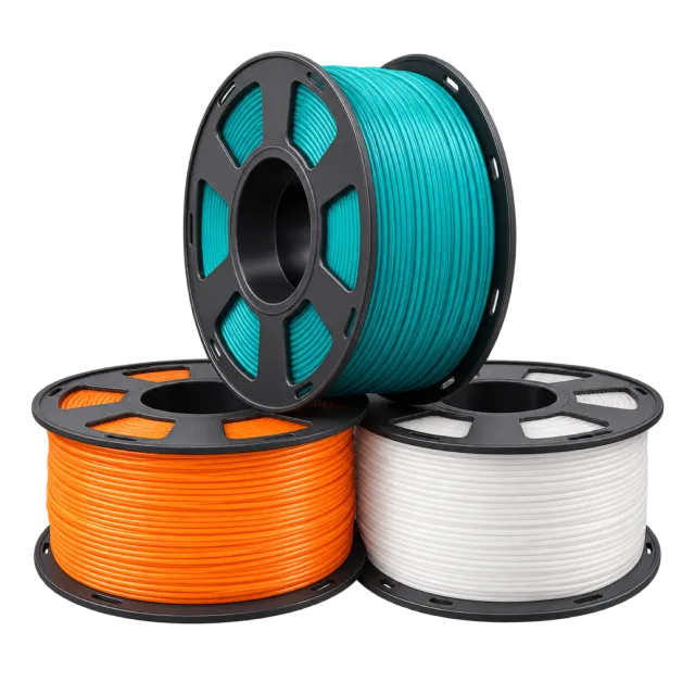 Teal, orange and white filament coils sit on black reels