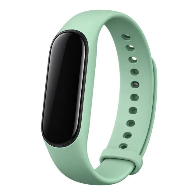 A mint-green fitness band has a black screen