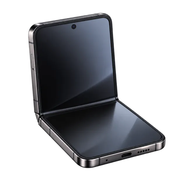 A dark folding phone is open at a right angle