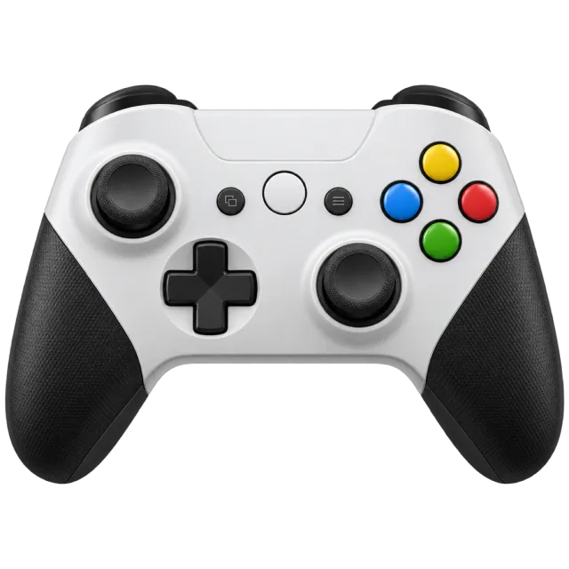 A white game controller has black grips and colored buttons