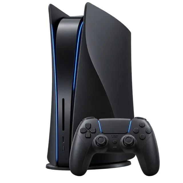A dark upright gaming console stands behind a controller