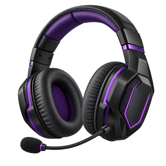 A black and purple headset has a boom microphone