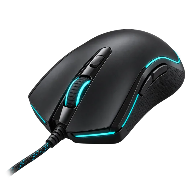 A black wired mouse has glowing teal trim