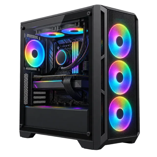 A black desktop tower has colorful illuminated fans