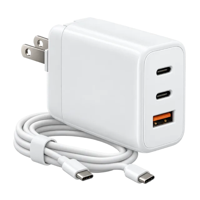 A white multiport charging block sits beside a coiled cable
