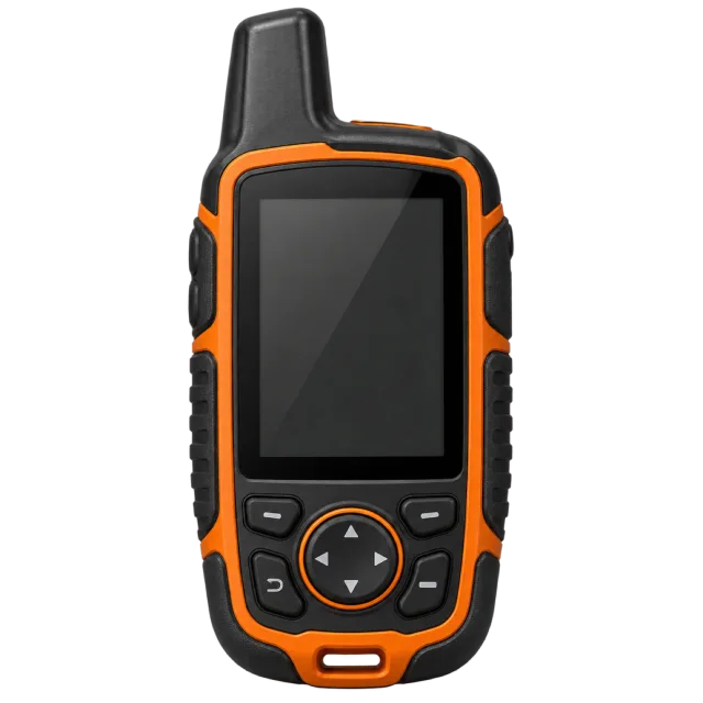 A black and orange handheld navigator has an antenna and screen