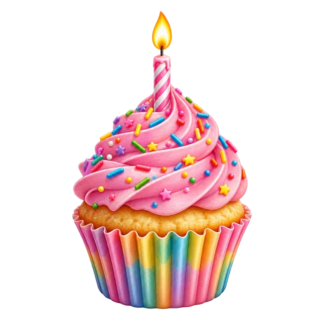 Cupcake with swirled pink frosting, colorful sprinkles, a rainbow wrapper and one lit candle on a transparent background