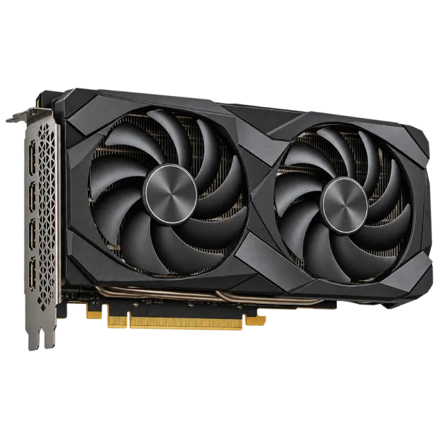 A black graphics card has two large cooling fans