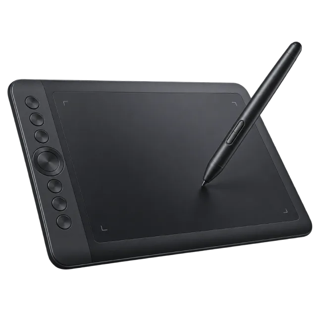 A dark drawing tablet sits beside a black stylus