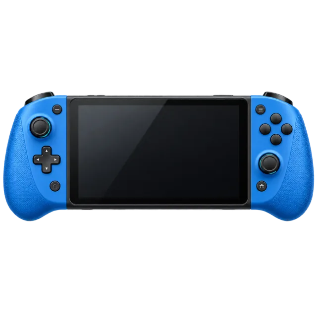 A handheld game device has blue controls around a dark screen